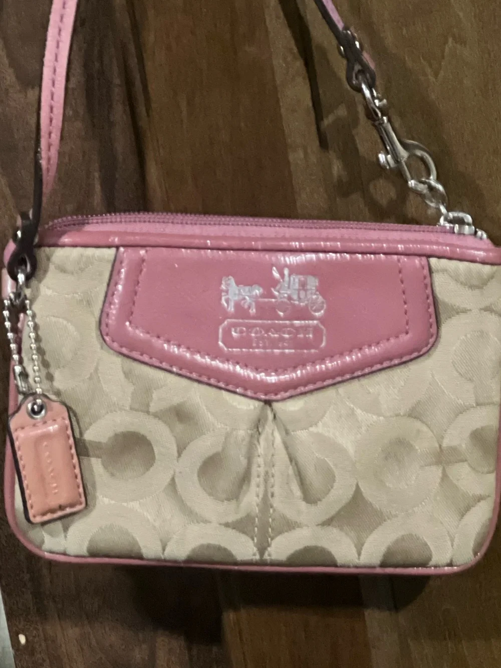 Coach Beige Signature Wristlet with Pink Trim